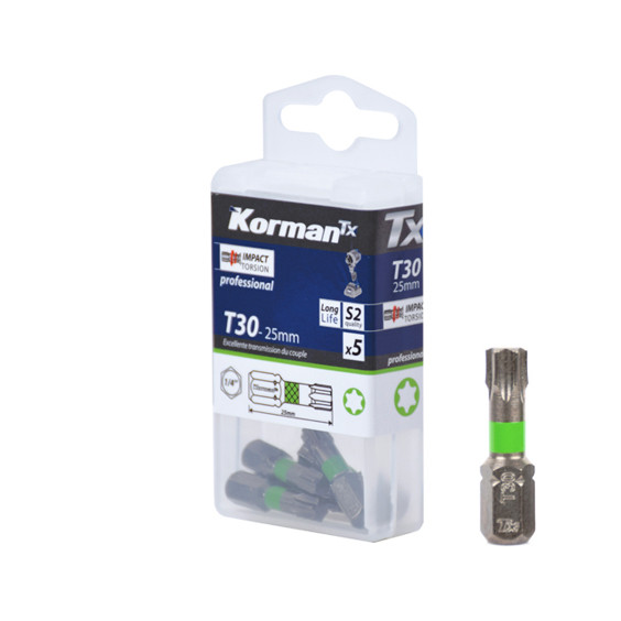 Jeu de 5 Embouts Torx Impact Torsion T30 25mm KORMAN TX