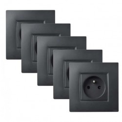 Lots de 5 Prises Murales Encastrables 2P+T 16A Complète Anthracite NOANE