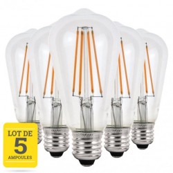 Lot de 5 ampoules LED conique à filaments E27 4W blanc chaud Verre transparent Variable