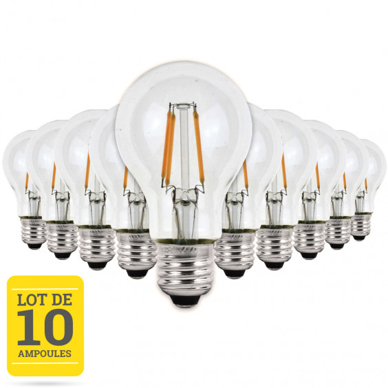 Lot de 10 ampoules LED à filaments E27 4W blanc chaud - Verre transparent - variable