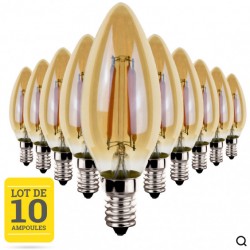 Lot de 10 ampoules LED flamme à filaments E14 4W blanc neutre - Verre ambré - variable