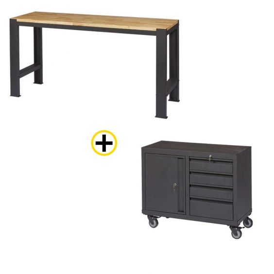 Pack établi d'atelier + servante d'atelier sur roues 4 tiroirset 1 armoire FEROCE