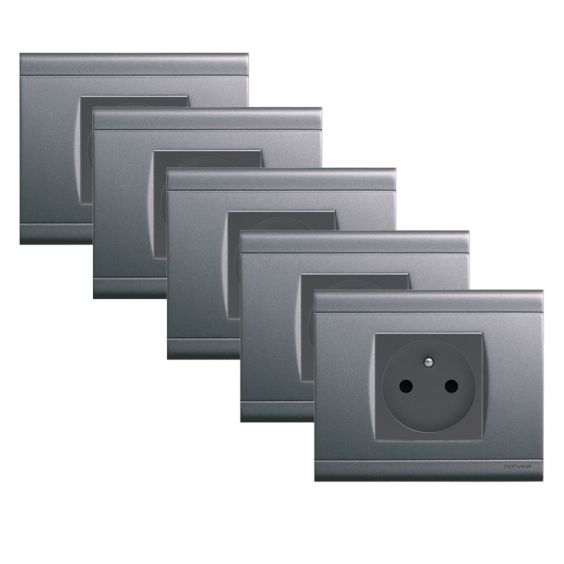 Lot de 5 Prises 2P+T à  connexions rapides Complètes Gris Anthracite NORVIKA