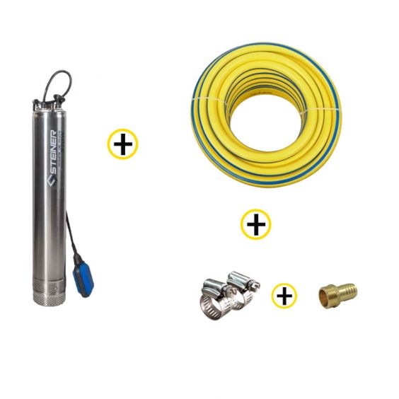 Pack Pompe immergée de Puit Inox 370W  + Kit d'Aspiration 7m Ø25mm + Tuyau d’arrosage Ø19mm 25m + Raccord et collier