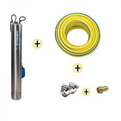 Pack Pompe immergée de Puit Inox 750W  + Kit d'Aspiration 7m Ø25mm + Tuyau d’arrosage Ø19mm 25m + Raccord et collier