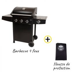 Pack Barbecue Gaz 4 Brûleurs dont 1 Latéral - 1/2 Grill - 1/2 Plancha + Housse de protection barbecue 1350x1120mm imperméable