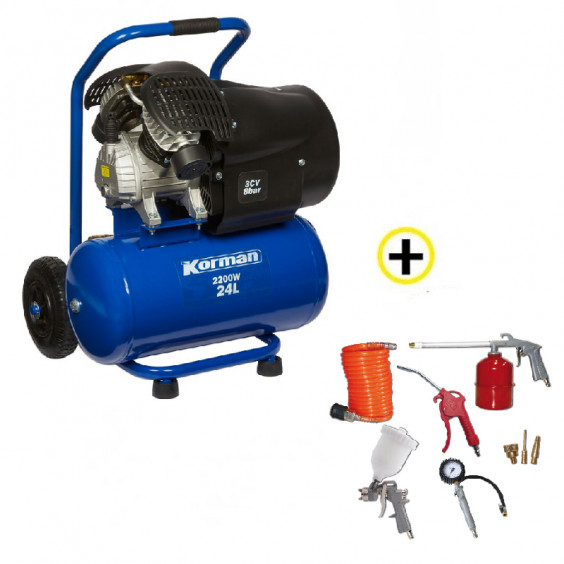 Compresseur Professionnel Bi-Cylindre + Kit Pneumatique 8 pièces KORMAN