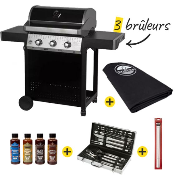 Pack Barbecue Gaz 3 brûleurs + Housse + Ustensiles + Pics Brochette + 4 Sauces OFFERTES